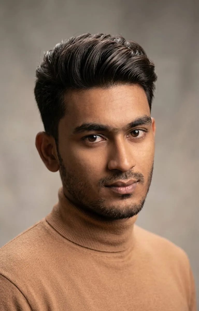 Studio portrait in a tan turtleneck