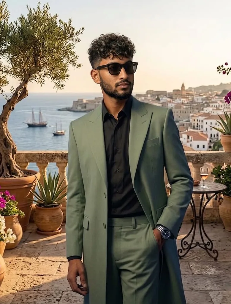 Standing on a seaside terrace in a green suit