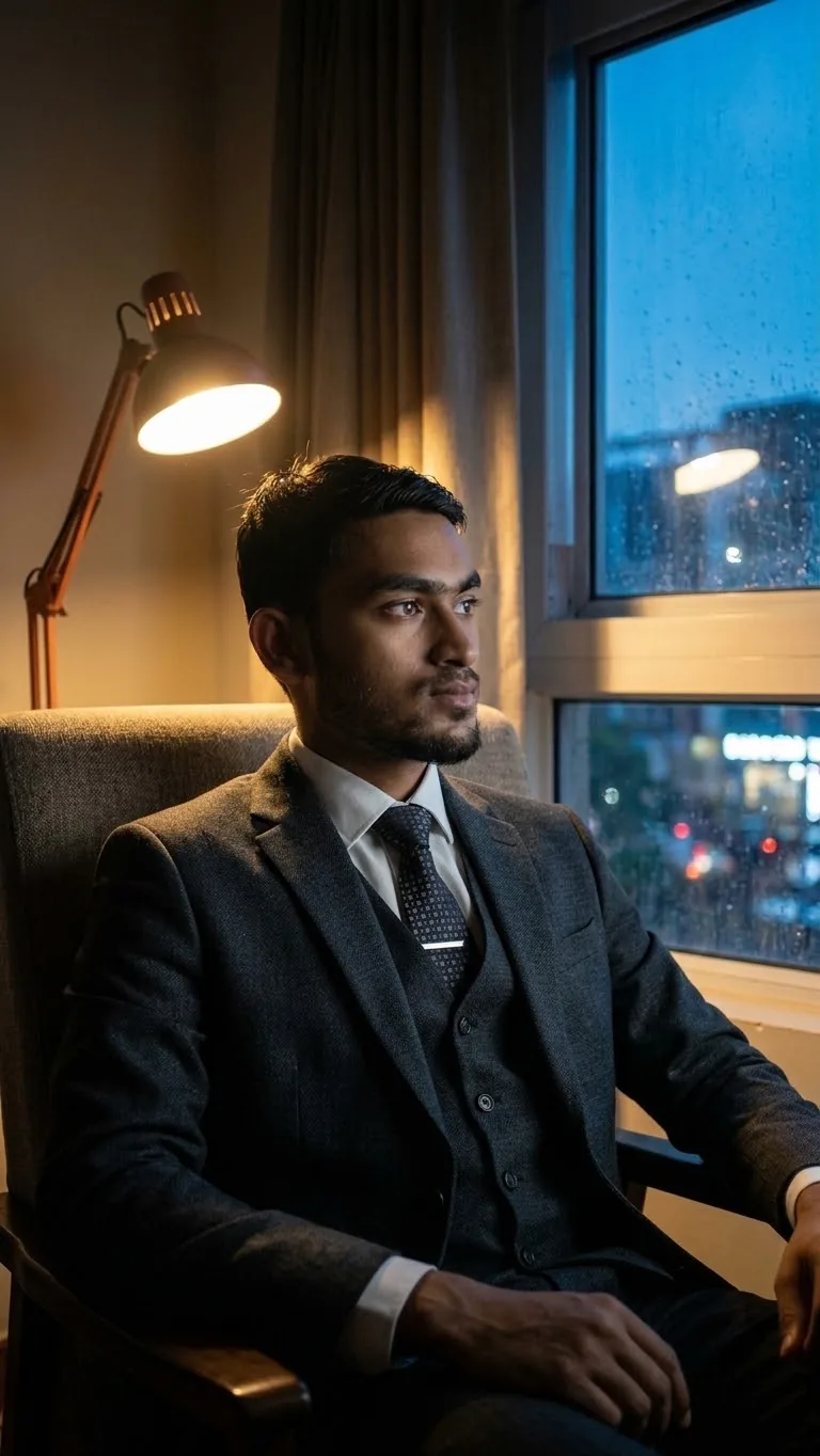 Seated by a rainy window at night