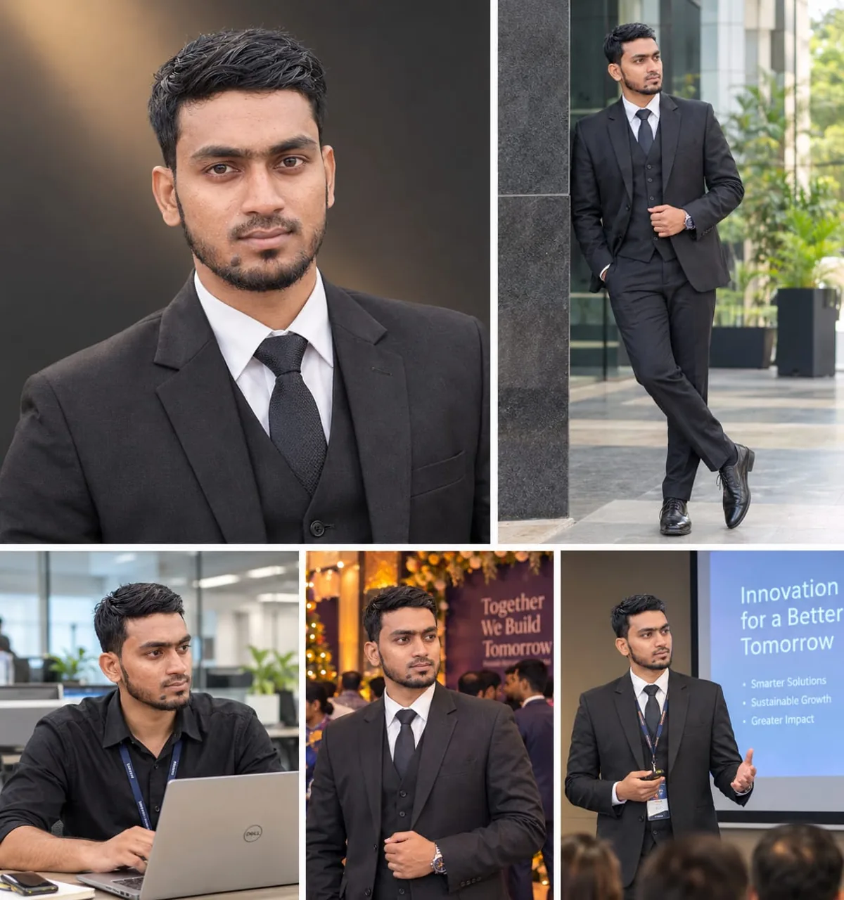 Mohammed Altaf Sabri in a portrait, outdoors, at his laptop and presenting at an event